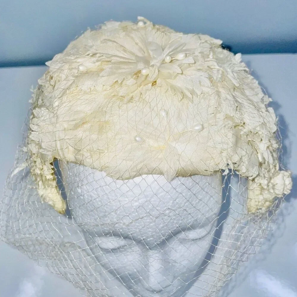 Vintage 50s 60s Crown Ivory Hat Net Floral Pearls Bridal Dance Costume Theatre